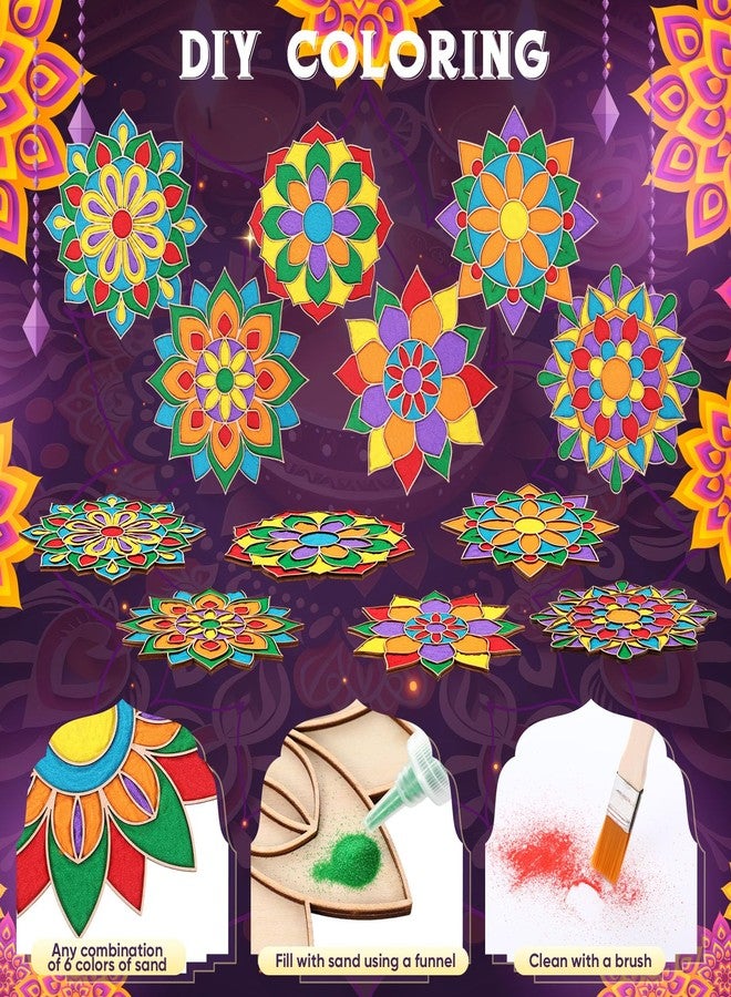 Weekgrat 6 Pcs 9 Inch Diwali Mandala Sand Art Set Reusable Rangoli Mats with Colored Sands Wooden DIY Floral Indian Rangoli Stencils Decorative Plates DIY Crafts for Traditional (Exquisite) - Image 5